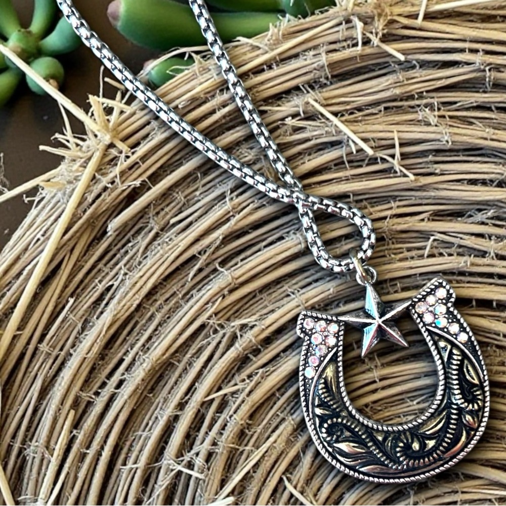 Silver and Gold Toned Horseshoe Necklace with Star Accent on a 24” chain - Picture 6 of 17